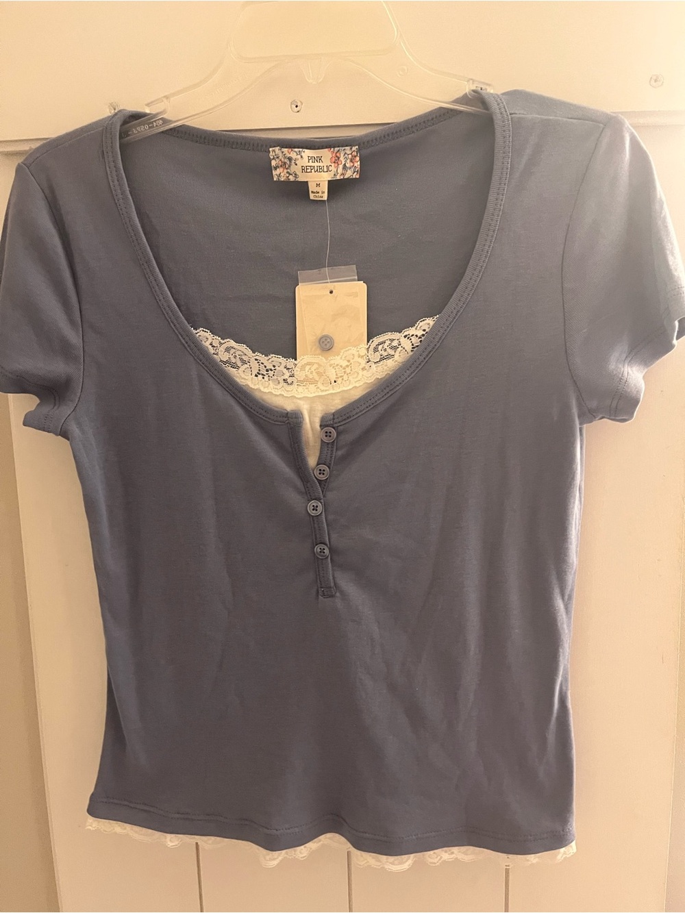 Pink Republic Dusty Blue Short Sleeve Henley Tee with White Lace Trim